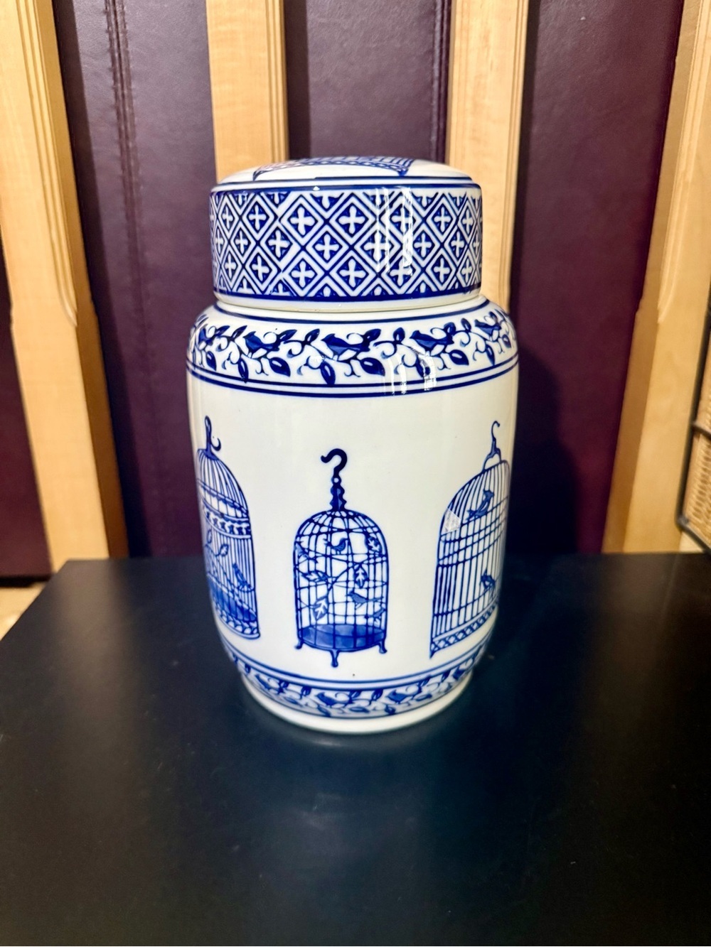 Ashland Blue & White Ceramic Birdcage Jar Canister with Lid – Chinoiserie Decor